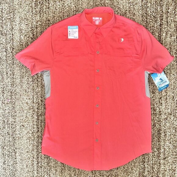Reel Legends Solid Mariner II Men's Vented Button Down T-Shirt Salmon Pink NWT S - Picture 5 of 12